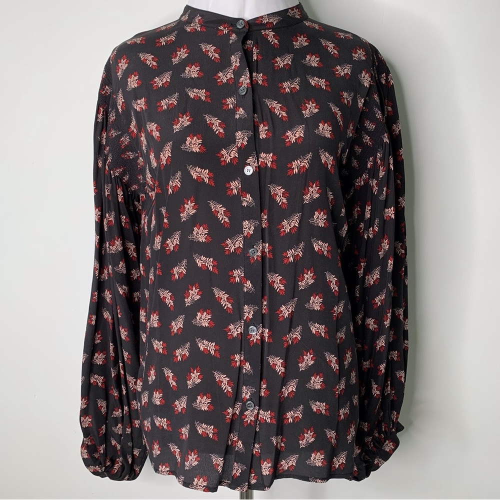 FRAME Women's Black Silk Long Sleeve Floral Button Down Blouse Size Small